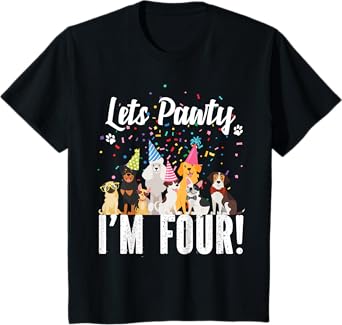 Pets Pawty I'm FOUR! Puppy Dog Themed Birthday Party T-Shirt for Girls Kids
