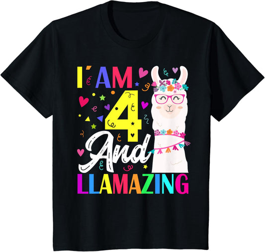 I Am 4 Years Old And Llamazing Llama 4th Birthday T-Shirt