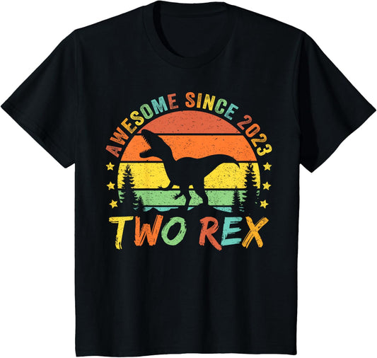 Kids Two Rex 2nd Birthday Boy Second Dinosaur 2 Year Old T-Shirt