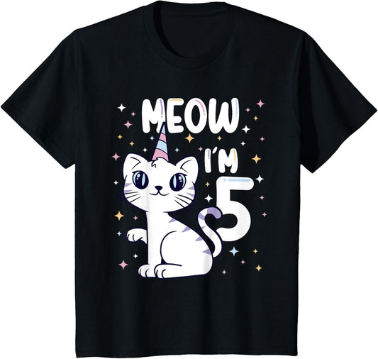 Kids Meow I'm 5 bday cat party cute 5th Birthday Kids Cat T-Shirt