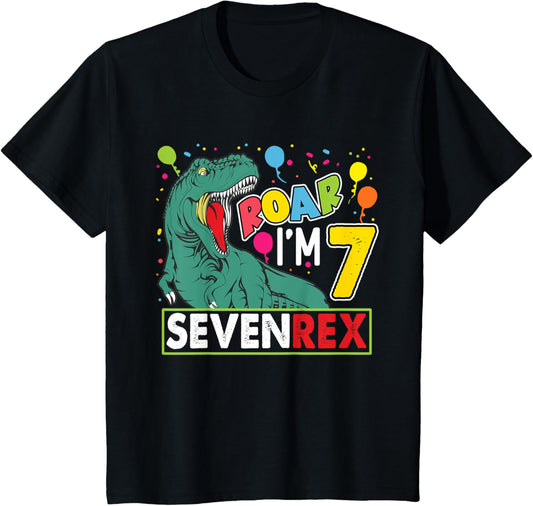 Kids Roar I'm 7 Dinosaur SevenRex 7th Birthday Boy Dinosaur Lover T-Shirt