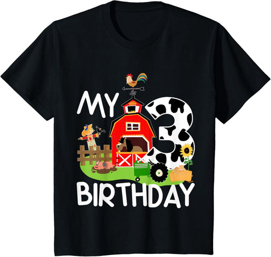 Kids 3rd Birthday Shirt Farm Tractor Pig Horse Cow Chicken Cat T-Shirt
