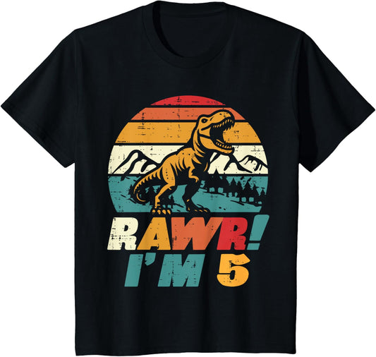 Kids 5th Birthday Dinosaur Rawr Im 5 Retro Bday Trex Boys Kids T-Shirt