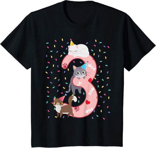 Kids 3rd Birthday Girl cute Cat outfit 3 years old bday party T-Shirt
