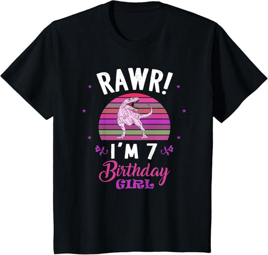 Rawr I'm 7 Dinosaur Birthday - 7th Birthday 7 Years Old Girl T-Shirt