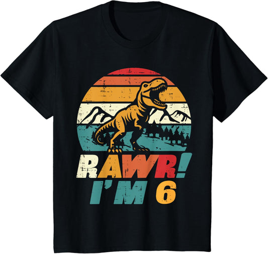 Kids 6th Birthday Dinosaur Rawr Im 6 Retro Bday Trex Boys Kids T-Shirt
