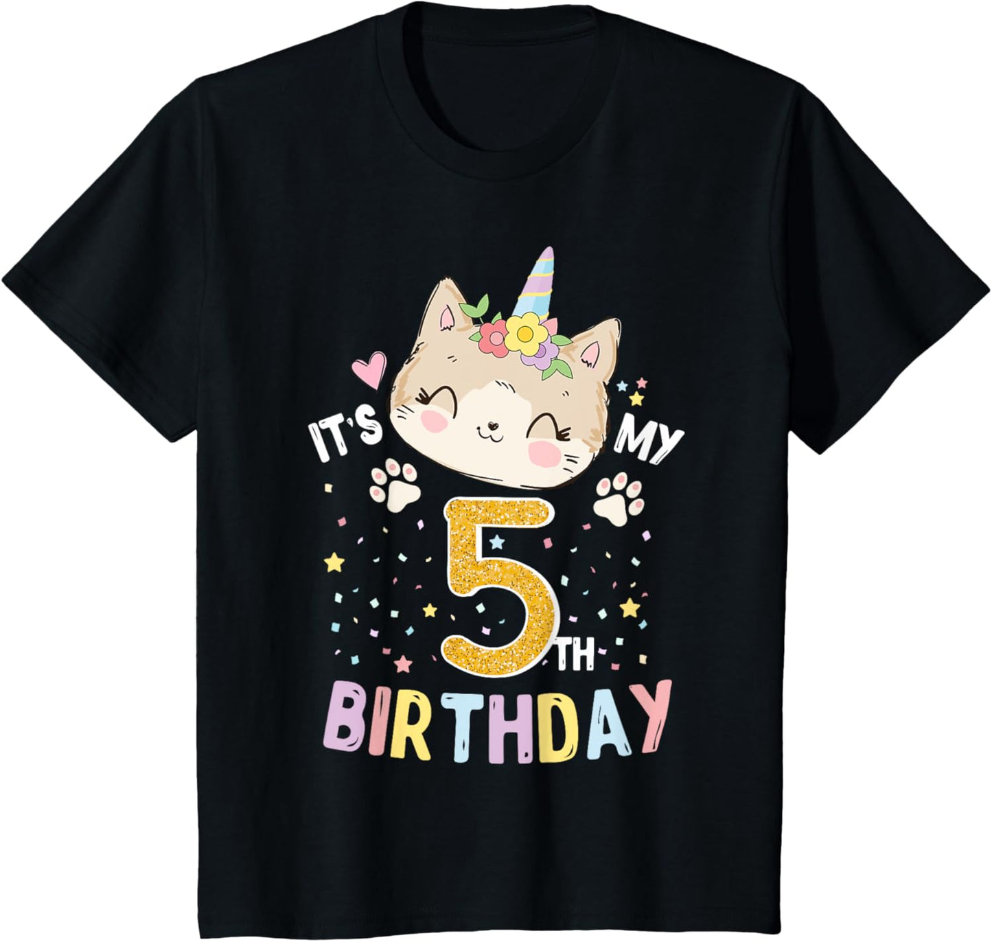 Kids It’s My 5th Birthday Cute Unicorn Cat 5-Year-Old Girl T-Shirt