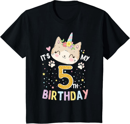 Kids It’s My 5th Birthday Cute Unicorn Cat 5-Year-Old Girl T-Shirt