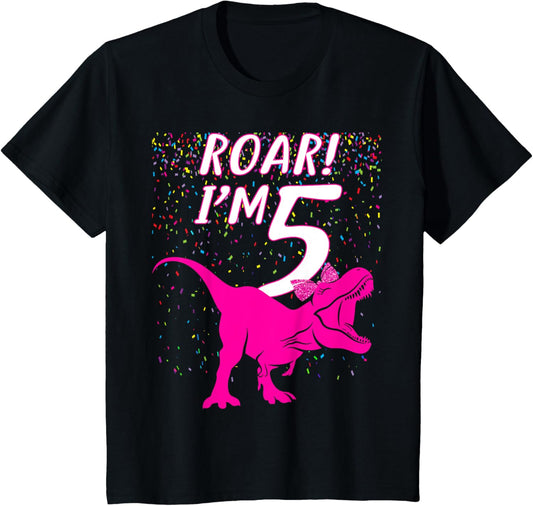 Roar Dinosaur I'm 5 Year Old Birthday Girl Back to School T-Shirt
