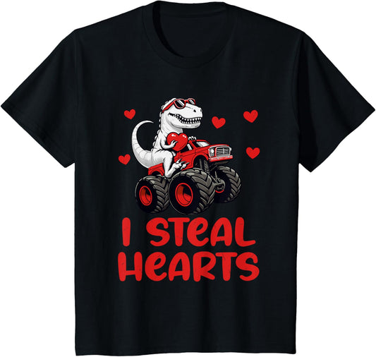 Kids Valentines Day Monster Truck TRex Boy Toddler I Steal Hearts T-Shirt