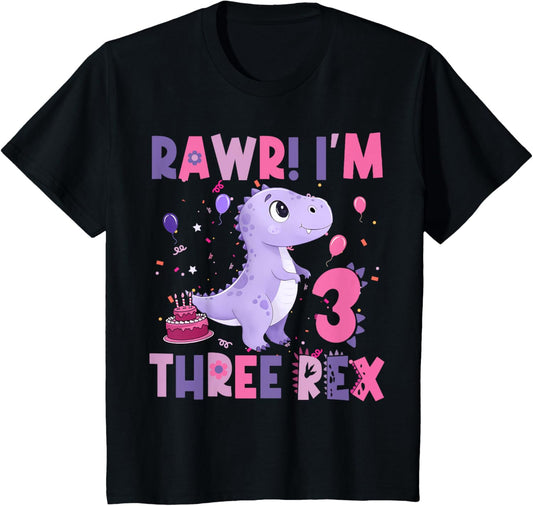 Kids Rawr Im Three Rex Dinosaur Birthday 3 Year Old Boy Girl T-Shirt