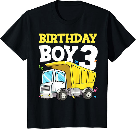 Kids Birthday Boy 3 Three Construction Truck 3rd Birthday Toddler T-Shirt