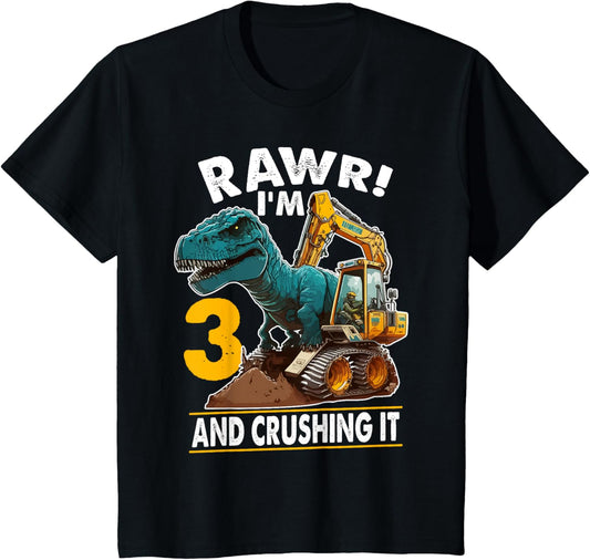 Kids Rawr I'm 3 Dinosaur 3rd Birthday Excavator 3 Year Old Boy T-Shirt