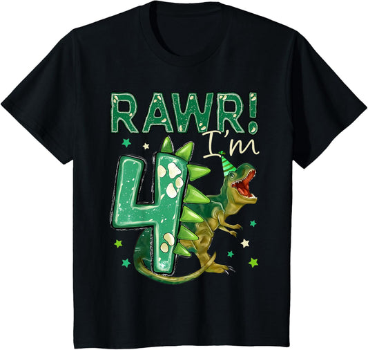 Kids Four T Rex 4th Birthday Dinosaur Rawr I'm 4 Year Old Boy T-Shirt