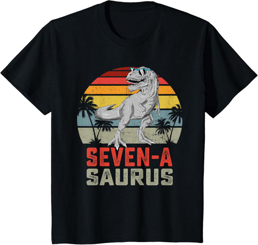 Kids Seven A Saurus Birthday Cute T Rex 7th Dinosaur Boys T-Shirt