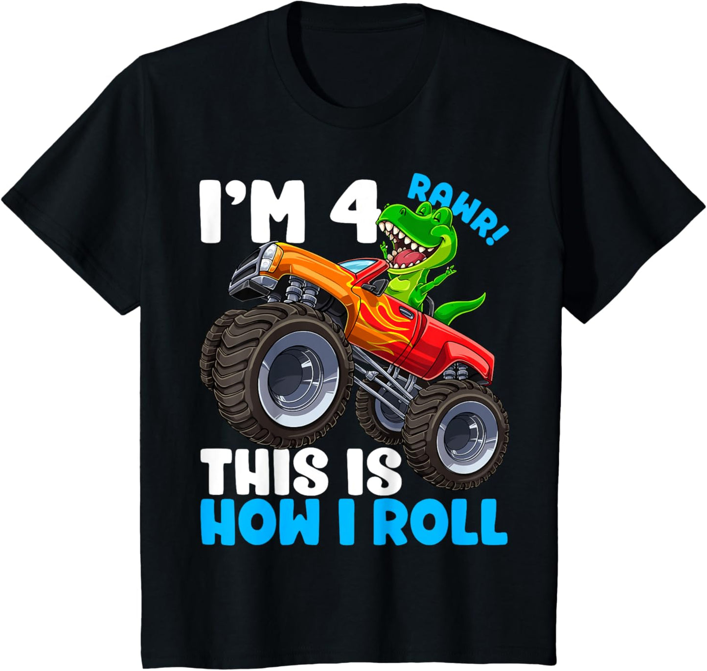 4 Year Old T Rex Dinosaur Monster Truck 4th Birthday Kids T-Shirt