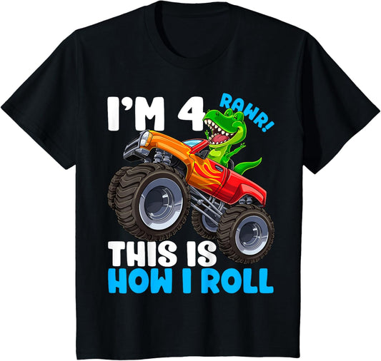 4 Year Old T Rex Dinosaur Monster Truck 4th Birthday Kids T-Shirt