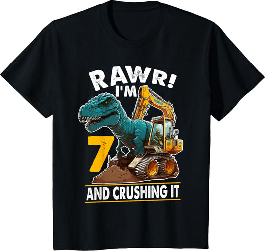 Kids Rawr I'm 7 Dinosaur 7th Birthday Excavator 7 Year Old Boy T-Shirt