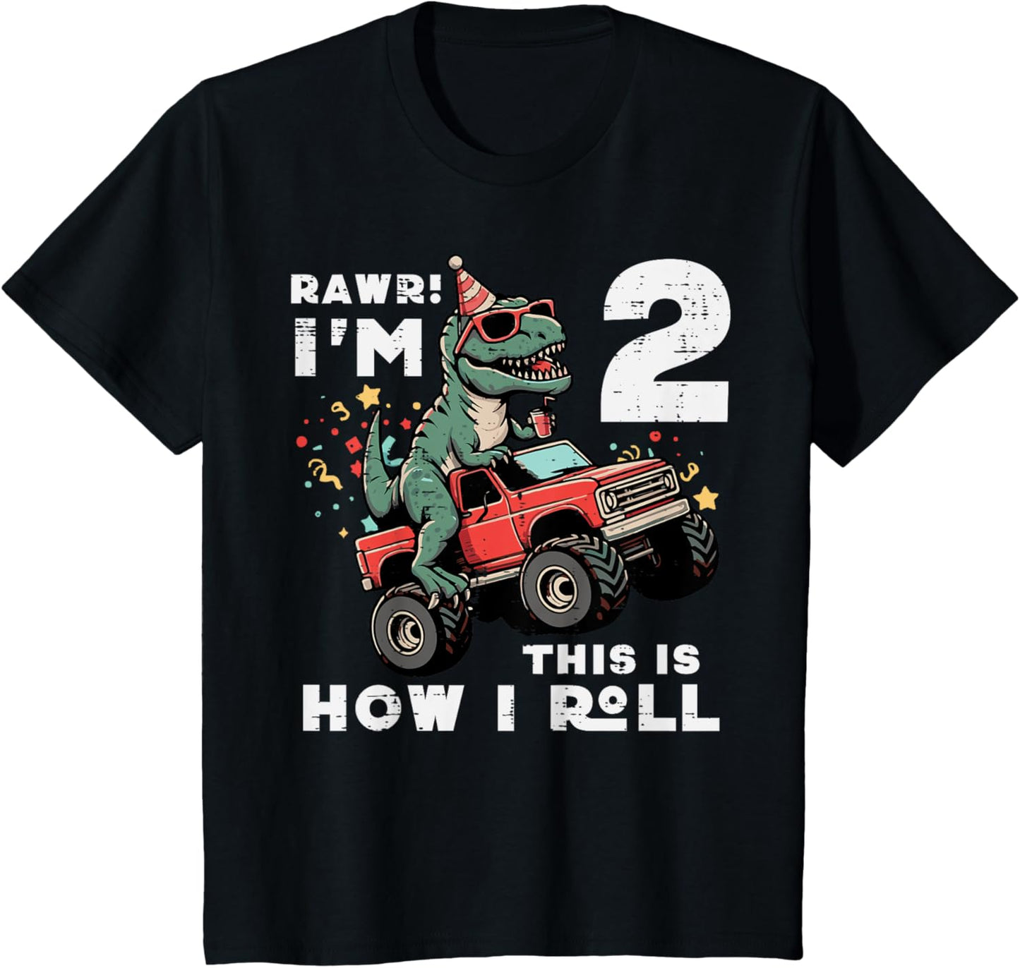 Kids Rawr Im 2 Dino This How I Roll 2nd Birthday Trex Bday Boys T-Shirt