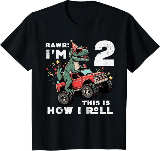 Kids Rawr Im 2 Dino This How I Roll 2nd Birthday Trex Bday Boys T-Shirt