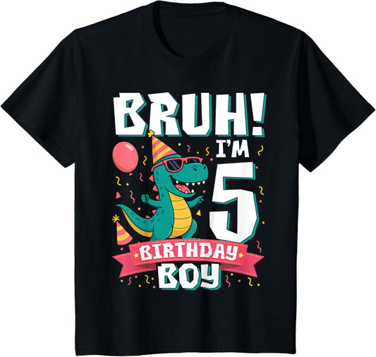 Kids Bruh I'm 5 Years Old Shirt 5th Birthday Boy T Rex Dinosaur T-Shirt