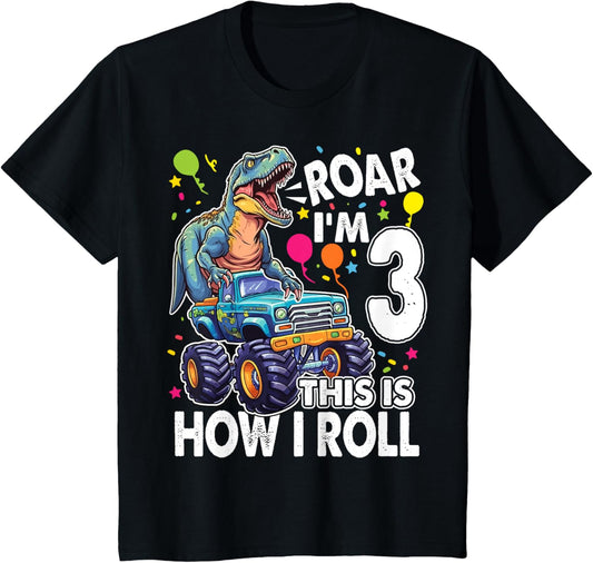 Kids Dinosaur Monster Truck 3rd Birthday Party Roar I'm 3 Boys T-Shirt