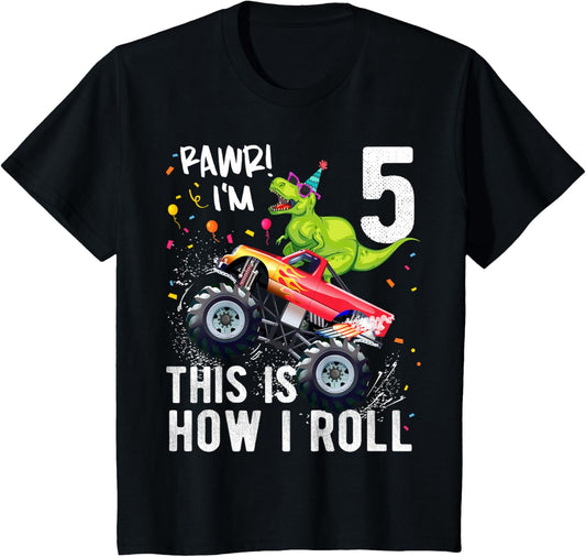 T Rex Dinosaur Monster Truck 5th Birthday Boys and Girls T-Shirt