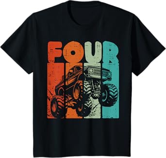 Kids 4th Birthday Monster Truck Four Retro 4 Year Old Bday Boys T-Shirt