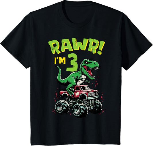 Kids Rawr Im 3 Dino On Monster Truck 3rd Birthday Trex Boys Kids T-Shirt