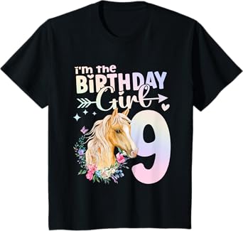 9th Birthday Horse Girl 9 Years Old Nine 9 Birthday Girl T-Shirt