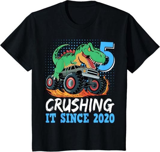 Kids Monster Truck Dinosaur Birthday for 5-Year-Old Boys T-Shirt