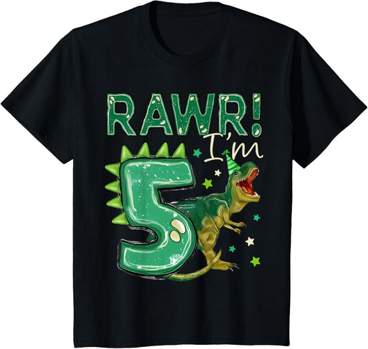 Kids Five T Rex 5th Birthday Fifth Dinosaur I'm 5 Year Old Boy T-Shirt
