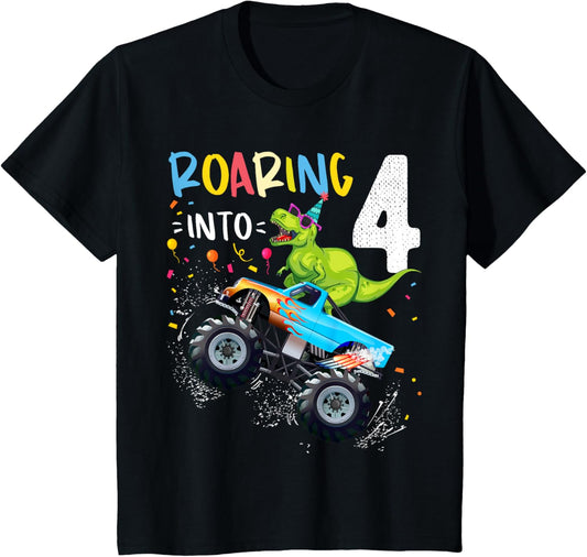 4th Birthday T Rex Dinosaur Monster Truck Boys and Girls T-Shirt