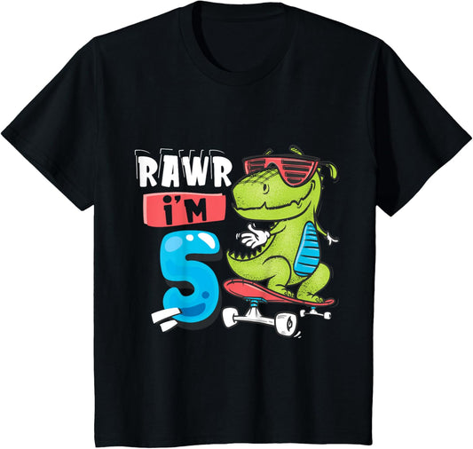 Kids Rawr I'm 5 T Rex Dinosaur Skateboard 5th Birthday For Boys T-Shirt