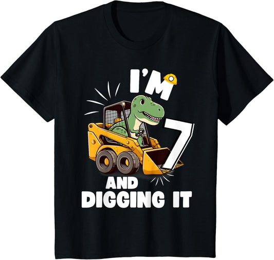 Kids I'm 7 And Digging It 7th Birthday Dinosaur Construction T-Shirt