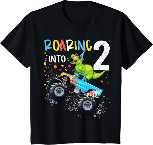2nd Birthday T Rex Dinosaur Monster Truck Boys and Girls T-Shirt