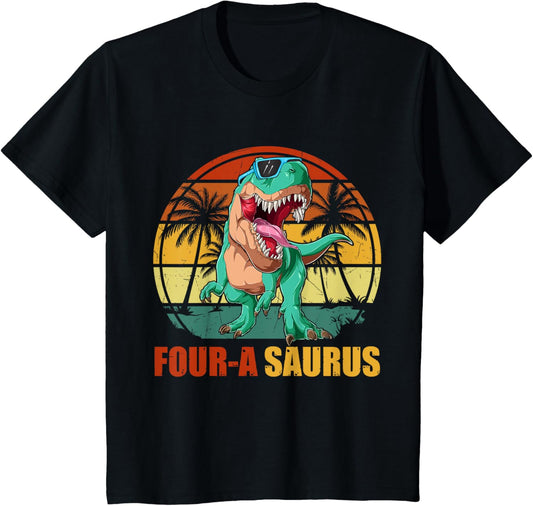 Kids Four Saurus 4th Birthday Boys T-Rex Dinosaur 4 Year Old T-Shirt