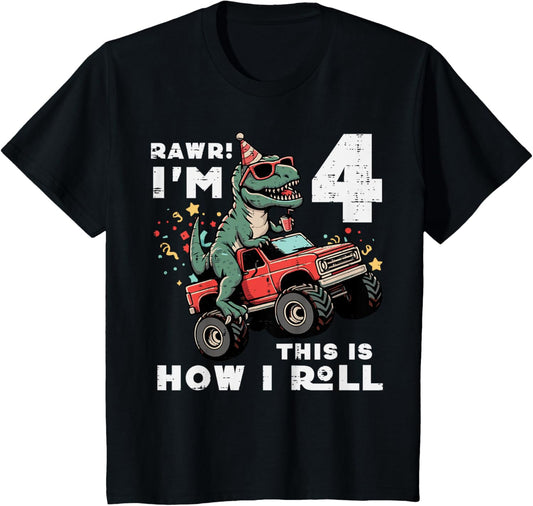 Kids Rawr Im 4 Dino This How I Roll 4th Birthday Trex Bday Boys T-Shirt