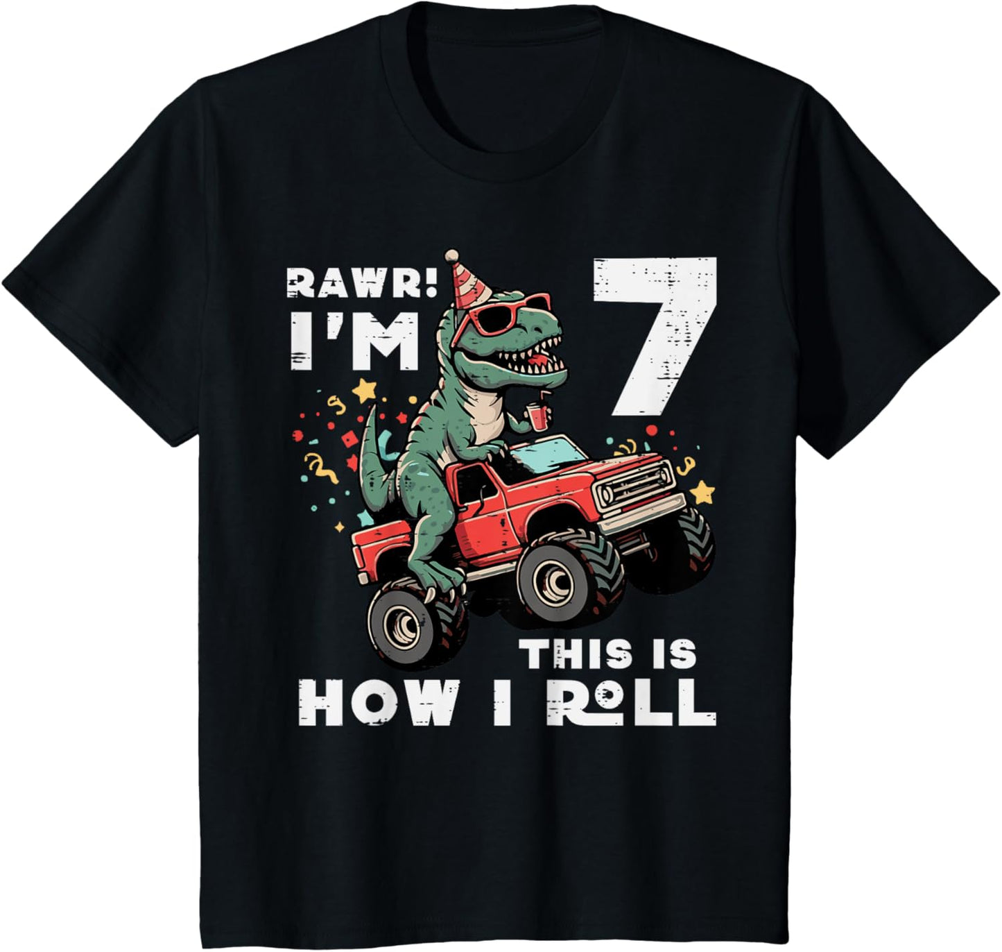 Kids Rawr Im 7 Dino This How I Roll 7th Birthday Trex Bday Boys T-Shirt