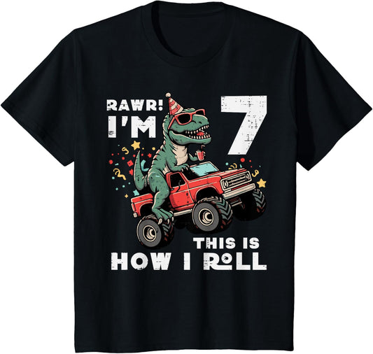 Kids Rawr Im 7 Dino This How I Roll 7th Birthday Trex Bday Boys T-Shirt