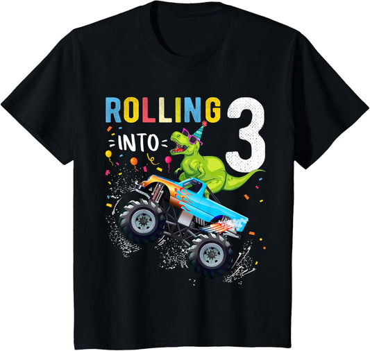 3 Year Old Birthday Dinosaur Monster Truck Family Matching T-Shirt