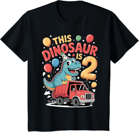 Kids Garbage Truck Dinosaur 2nd Birthday 2 Year Old Toddler Boys T-Shirt