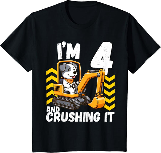 Kids Four 4yr 4th Birthday Construction Boy 4 Years Old Dog T-Shirt