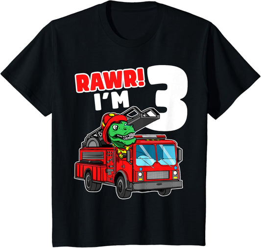 Kids Dinosaur Fire Truck 3rd Birthday Boy 3 T-Rex Firefighter T-Shirt