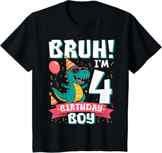 Kids Bruh I'm 4 Years Old Shirt 4th Birthday Boy T Rex Dinosaur T-Shirt