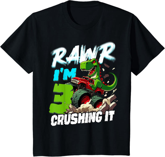 Kids 3 Crushing It Dinosaur T Rex Birthday Shirt 3 Years Old Boy T-Shirt