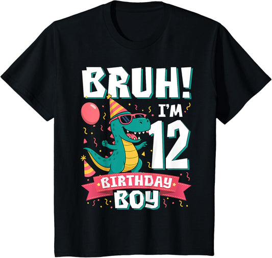 Kids Bruh I'm 12 Years Old Shirt 12th Birthday Boy T Rex Dinosaur T-Shirt