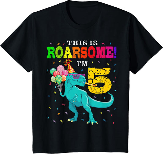 Kids Roarsome I'm 5 Birthday Boy Dinosaur 5 Years Old Dino Lover T-Shirt