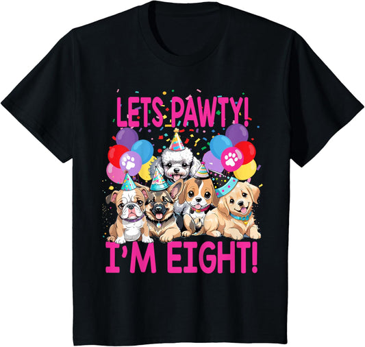 Kids Lets Pawty I'm EIGHT! Puppy Dog Themed Birthday Party Outfit T-Shirt