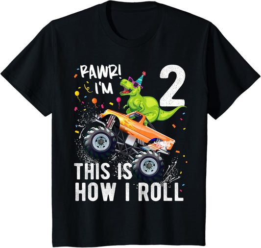 T Rex Dinosaur Monster Truck 2nd Birthday Boys and Girls T-Shirt